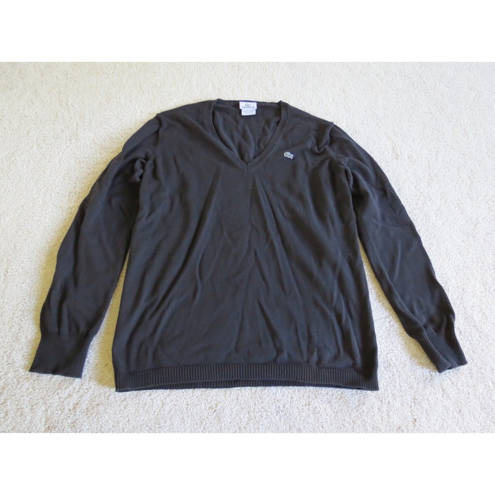 Lacoste Long Sleeve Cotton Jersey Knit Shirt Womens 44 Black V Neck Preppy Logo